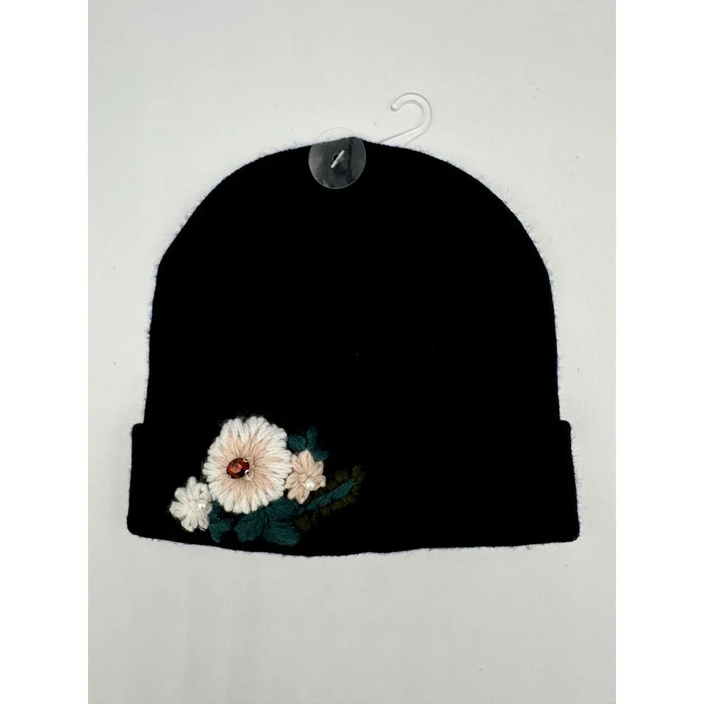 INC International Concepts Beanie Womens OS Black NEW Floral Embellished Jewel